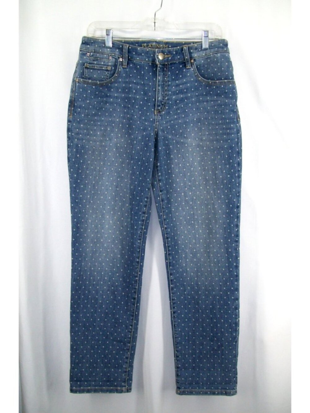 Chicos Platinum Skimmer Jeans sz 0.5 US 6 Denim Polka Dot Cropped Capri